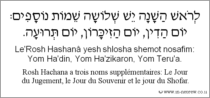 Français à l'hébreu: Rosh Hachana a trois noms supplémentaires: Le Jour du Jugement, le Jour du Souvenir et le jour du Shofar.
