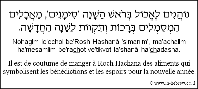 Français à l'hébreu: Il est de coutume de manger à Roch Hachana des aliments qui symbolisent les bénédictions et les espoirs pour la nouvelle année.