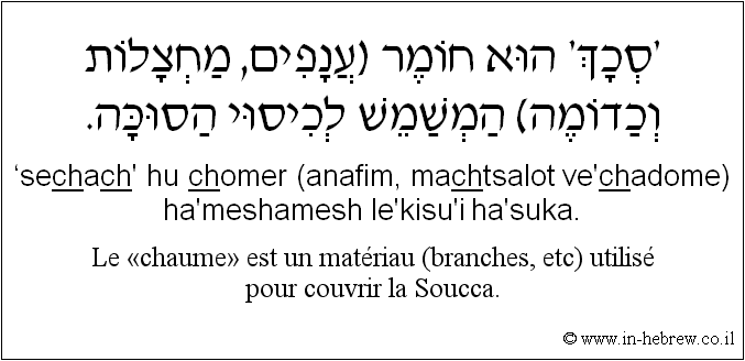 Français à l'hébreu: Le «chaume» est un matériau (branches, etc) utilisé pour couvrir la Soucca.
