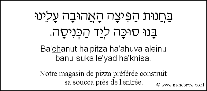 Français à l'hébreu: Notre magasin de pizza préférée construit sa soucca près de l'entrée.