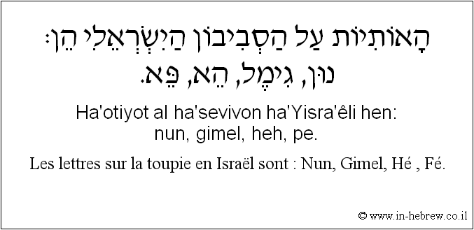 Français à l'hébreu: Les lettres sur la toupie en Israël sont : Nun, Gimel, Hé , Fé.