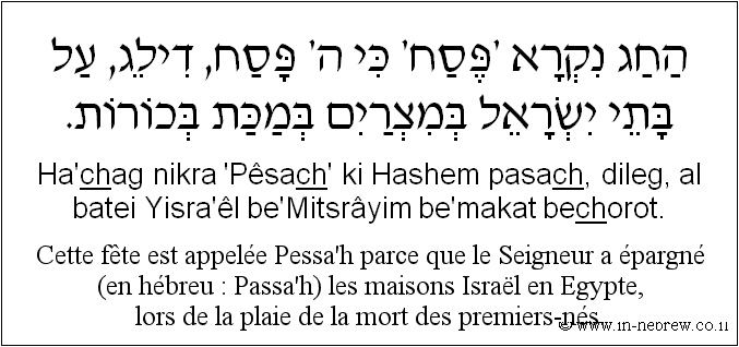 Français à l'hébreu: Cette fête est appelée Pessa’h parce que le Seigneur a épargné (en hébreu : Passa’h) les maisons Israël en Egypte, lors de la plaie de la mort des premiers-nés.