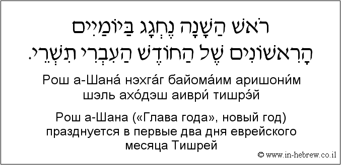 Иврит и русский: Рош а-Шана («Глава года», новый год) празднуется в первые два дня еврейского месяца Тишрей