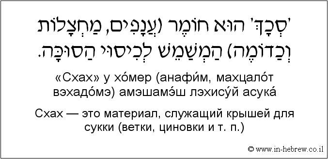 Иврит и русский: Схах — это материал, служащий крышей для сукки (ветки, циновки и т. п.)