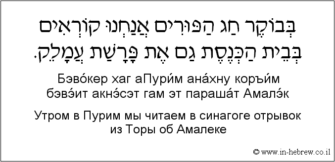 Иврит и русский: Утром в Пурим мы читаем в синагоге отрывок из Торы об Амалеке