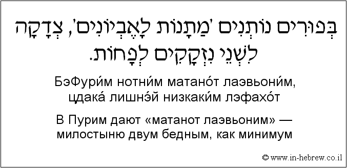Иврит и русский: В Пурим дают «матанот лаэвьоним» — милостыню двум бедным, как минимум