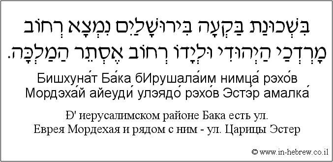 Иврит и русский: В иерусалимском районе Бака есть ул. Еврея Мордехая и рядом с ним — ул. Царицы Эстер