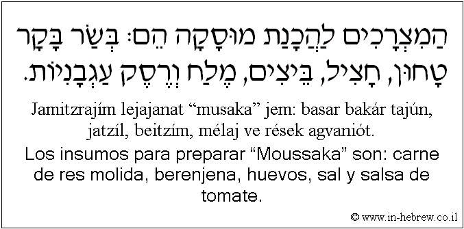 Español y hebreo: Los insumos para preparar “Moussaka” son: carne de res molida, berenjena, huevos, sal y salsa de tomate.