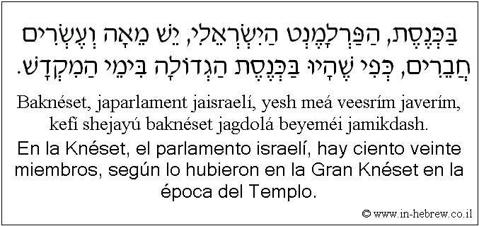 Español y hebreo: En la Knéset, el parlamento israelí, hay ciento veinte miembros, según lo hubieron en la Gran Knéset en la época del Templo.