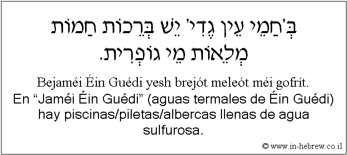 Español y hebreo: En “Jaméi Éin Guédi” (aguas termales de Éin Guédi) hay piscinas/piletas/albercas llenas de agua sulfurosa.