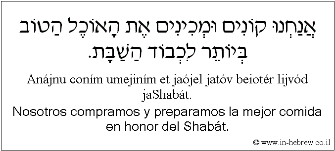 Español y hebreo: Nosotros compramos y preparamos la mejor comida en honor del Shabát.