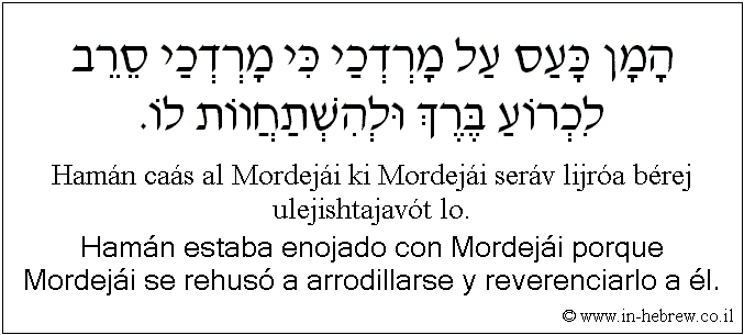 Español y hebreo: Hamán estaba enojado con Mordejái porque Mordejái se rehusó a arrodillarse y reverenciarlo a él.